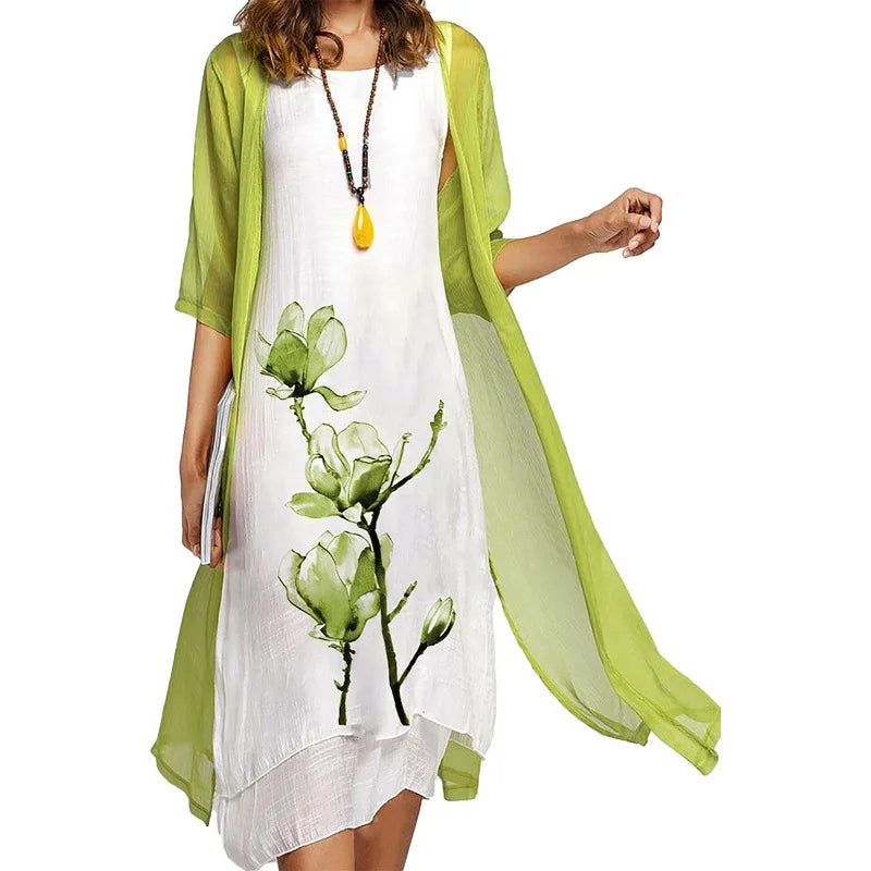 2025! EU-US Summer Women's Casual Elegance 2 Printed Crew-Neck Loose Dress Sweater Coat Set