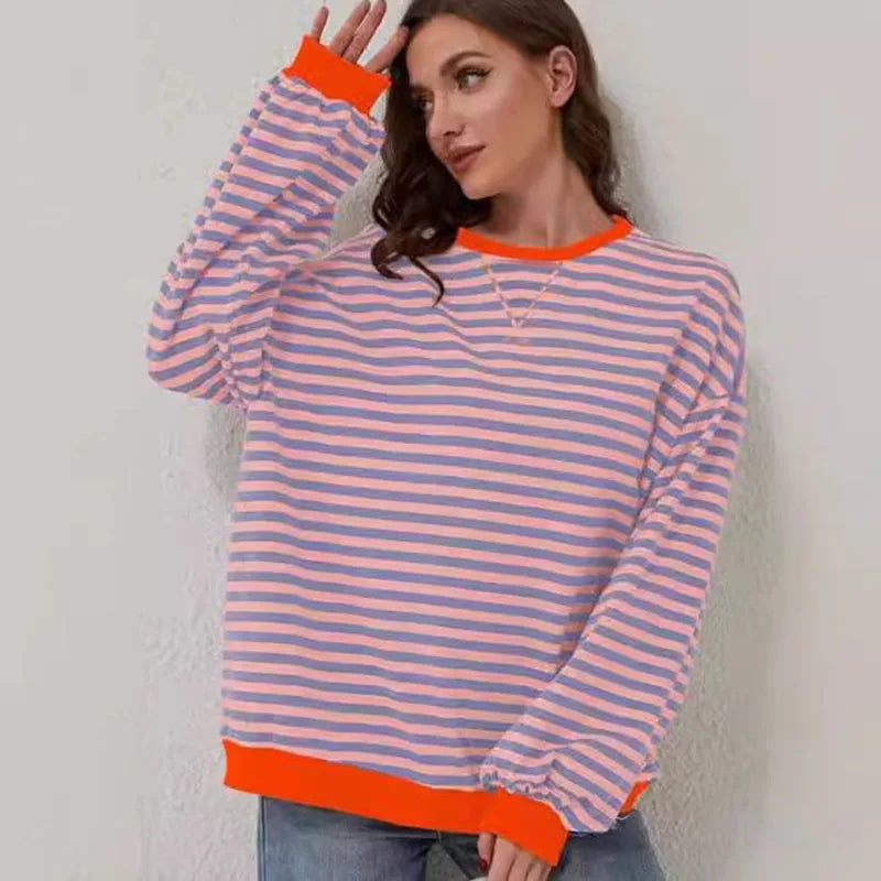 Women's Fall/Winter New Striped Round Neck Loose Casual Long Sleeve Sweatshirt Streetwear Harajuku Style Sweatshirt Jacket