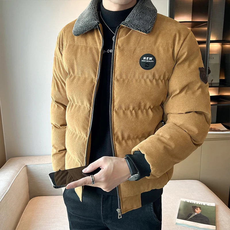 Men Retro Corduroy Workwear Jacket Men Fleece Lined Loose Casual Outerwear Men Winter Lapel Thick Cold Resistant Fashion Parkas