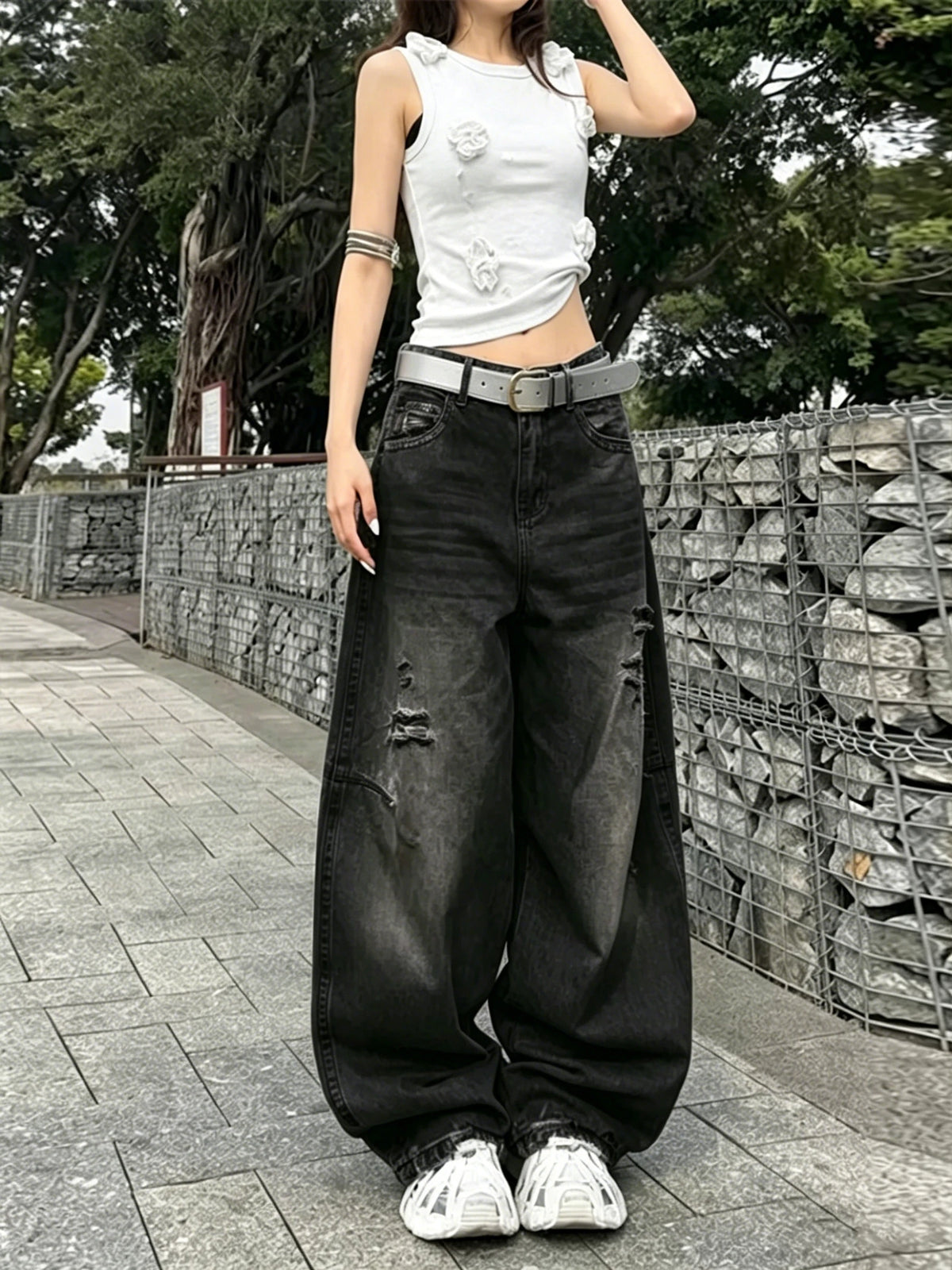 Jeans American Vintage Ripped Patchwork Washed Black Baggy Wide-Leg Jeans Y2K Street Trend Versatile Spicy High-Waist Long Pants