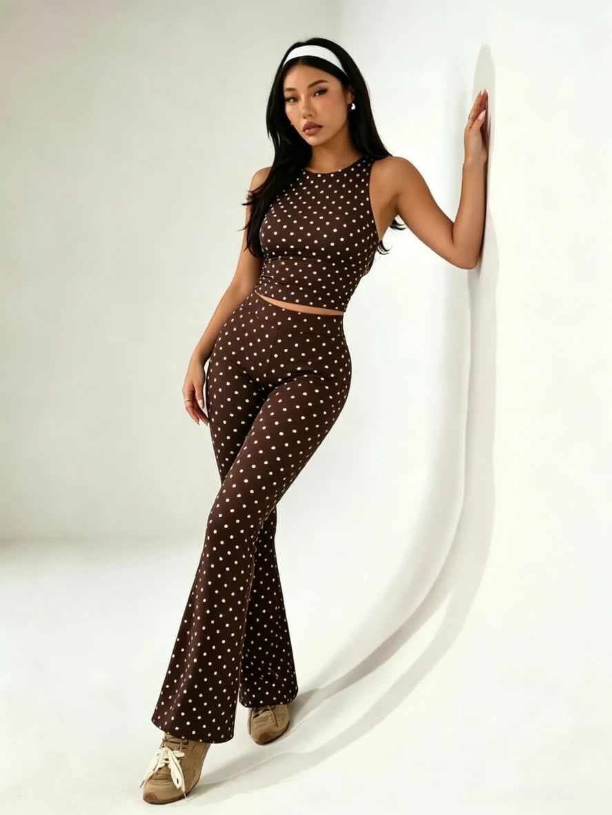 2Packs Y2K Women Polka Dot 2 Piece Set Crop Tank High Waist Flare Pants Vintage Club Daily Outfit
