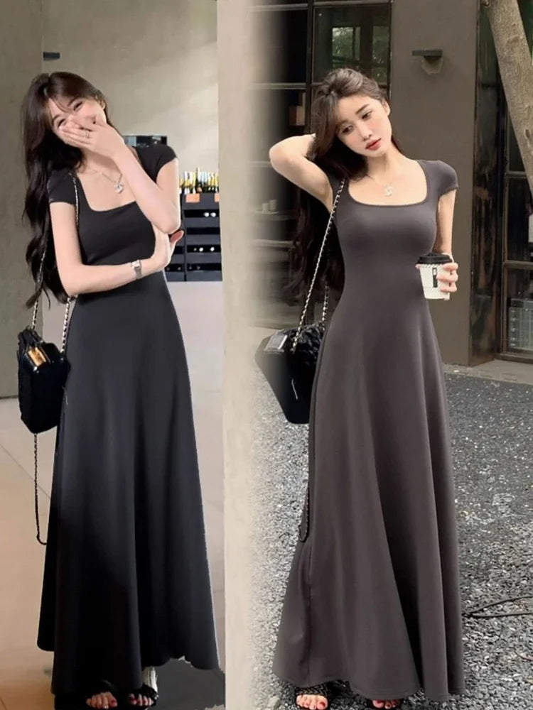 PTKPCC Summer Waist-fitted Elegant French Style Women's Grey Short Sleeve Tank Dress Long Dress Sexy Dress