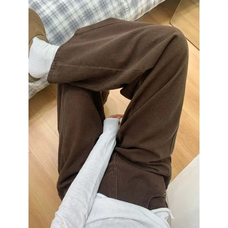 Y2K Women Coffee Brown Wide Leg Curved Jeans 2026 Fall Loose Casual Slim Floor Drape Denim Pants