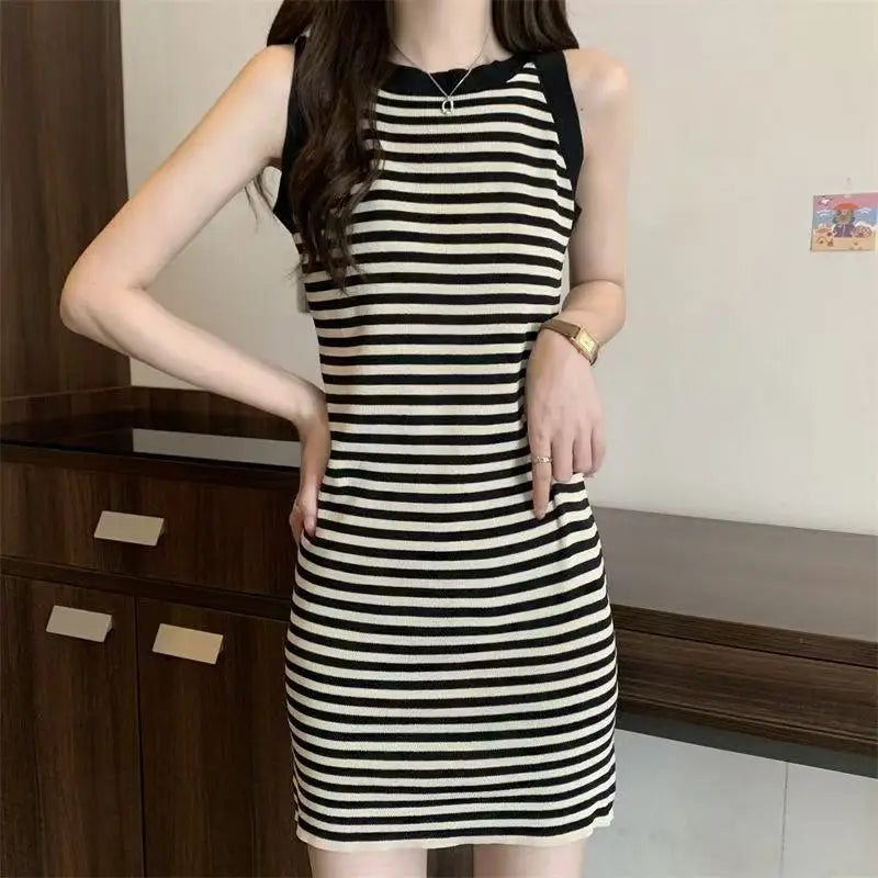 Ice Silk Slim Fit Knitted Vest Dress Summer 2026 Casual round Neck Sundress with Hanging Neck Strap Stripe Pattern for Women