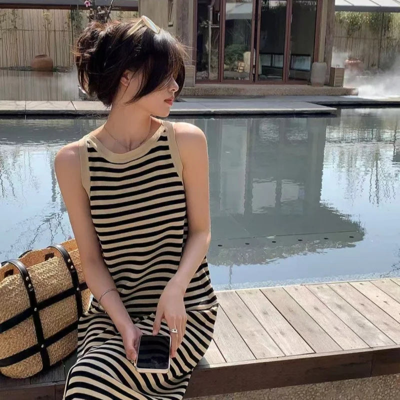 Ice Silk Slim Fit Knitted Vest Dress Summer 2026 Casual round Neck Sundress with Hanging Neck Strap Stripe Pattern for Women