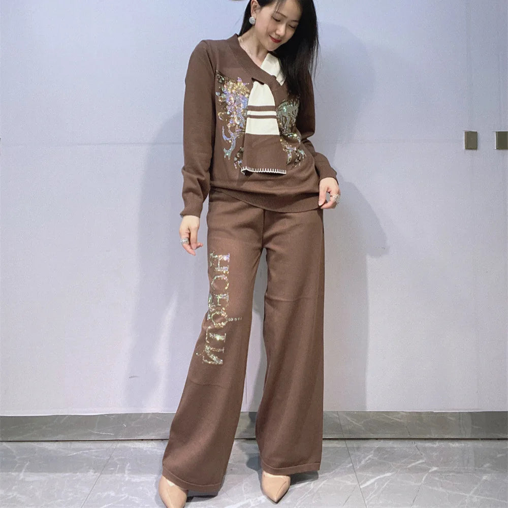 Y2k Rhinestone V Neck Knit Top With Scarf Decor Wide Leg Pants 2pcs Set Women's Loose Long Sleeves Luxury Casual Matching Outfit