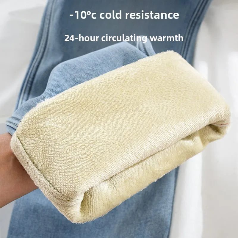 Winter Thicken Fleece High Waist Wide Leg Denim Jeans Straight Cut Floor Length Pants Autumn Korean Women's Thermal Trousers