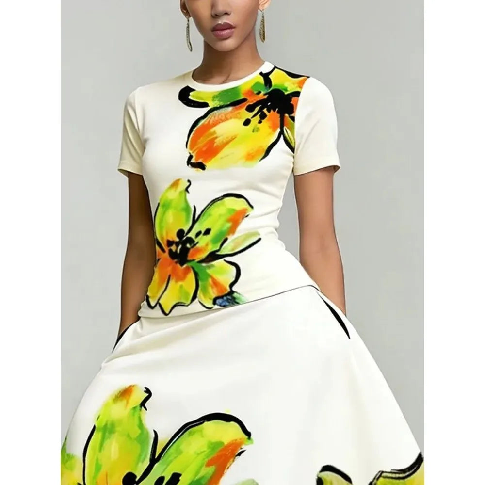 Women's Floral Print round Neck Dress Set Casual Comfortable Polyester Fabric Ideal for Ages 18-25 Summer Season