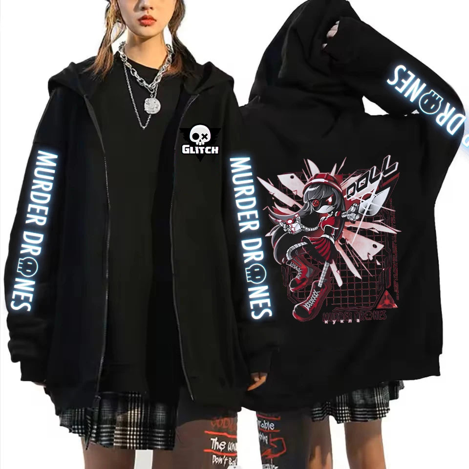 Anime Murder Drones Pattern Zipper Hoodies Harajuku Women's Hooded Sweatshirt Winter Fashion Casual Fleece Unisex Zipper Jacket