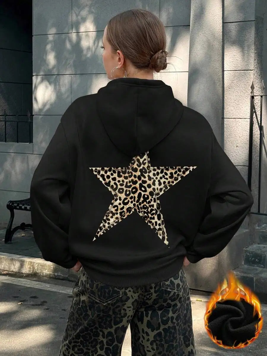 2026 Fashion New Arrival Leopard And Star Graphic Print Womens Crew Neck Long Sleeve Hoodie Casual Autumn Winter Sweatshirt Basic Top T Shirt