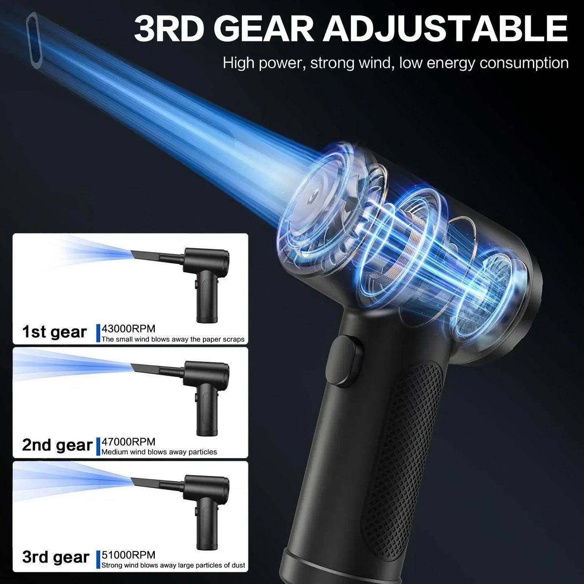 6000mAh Electric Air Duster Rechargeable Cordless Blower, 3 Speed Adjustable Air Cleaner Up to 51000RPM with LED Light, Portable Powerful Dust Removal Tool for PC Computer Keyboard Laptop Electronics Office Home and Car Cleaning