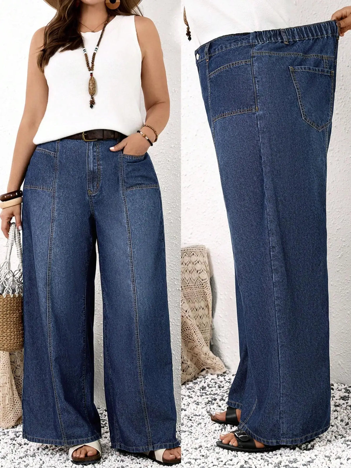 Plus Size Wide Leg Jeans for Women, High Waist Patchwork Design, Loose Fit Denim Jeans, Comfortable and Stylish
