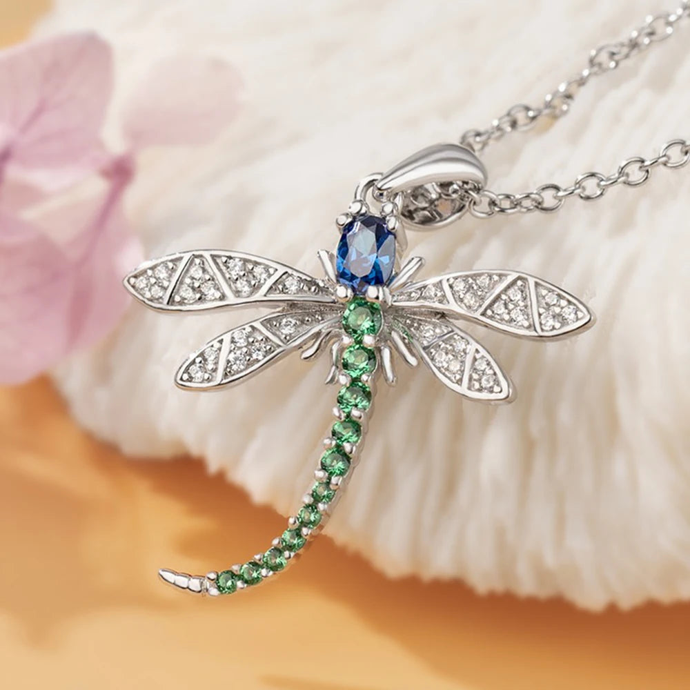 Huitan Exquisite Colorful Dragonfly Pendant Necklace for Women Paved Dazzling CZ Stone Cute Lady Necklace Party Fashion Jewelry