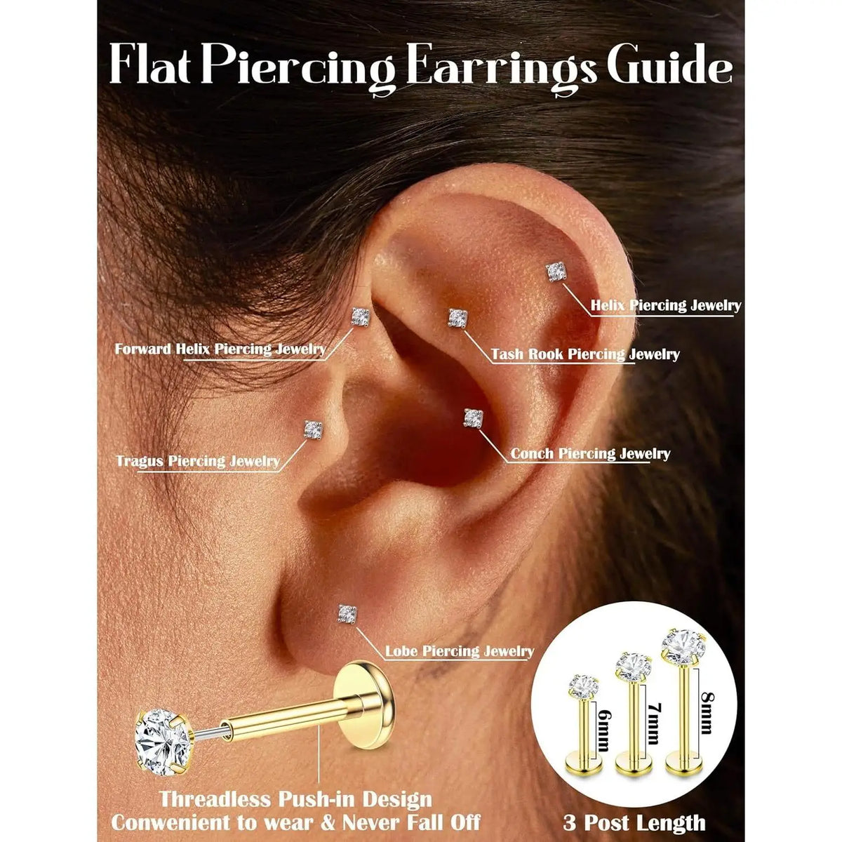 4 Pairs Gold Plated Flat Back Earrings Studs for Women Men CZ 316L Surgical Steel Nose Tragus Helix Lip Piercing Jewelry
