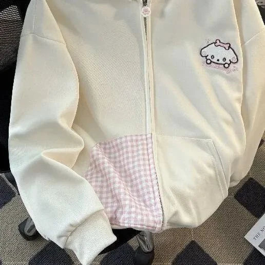 Zip Up Hoodie Coats Women's Clothing 2026 Hooded Patchwork Plaid Fashion Sweatshirts Ropa Mujer Dog Embroidery Casual Hoodies