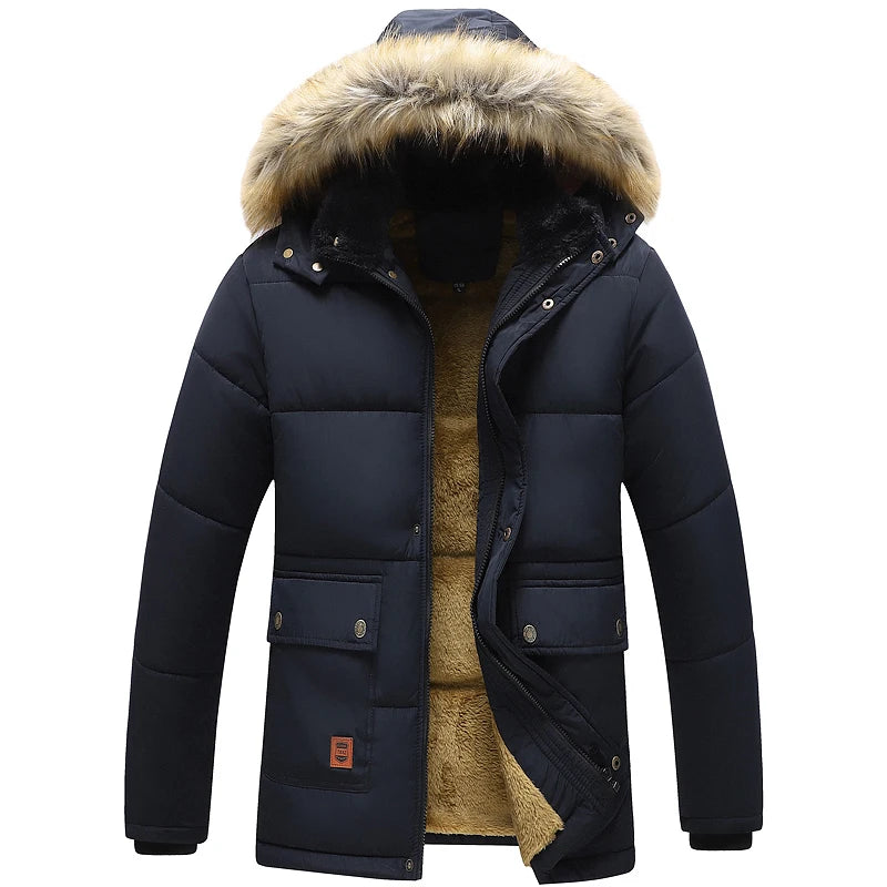 Men 2026 Winter New Windproof Fleece Warm Thick Jacket Parkas Coat Men Fashion Hooded Fur Collar Jacket Classic Casual Parka Men