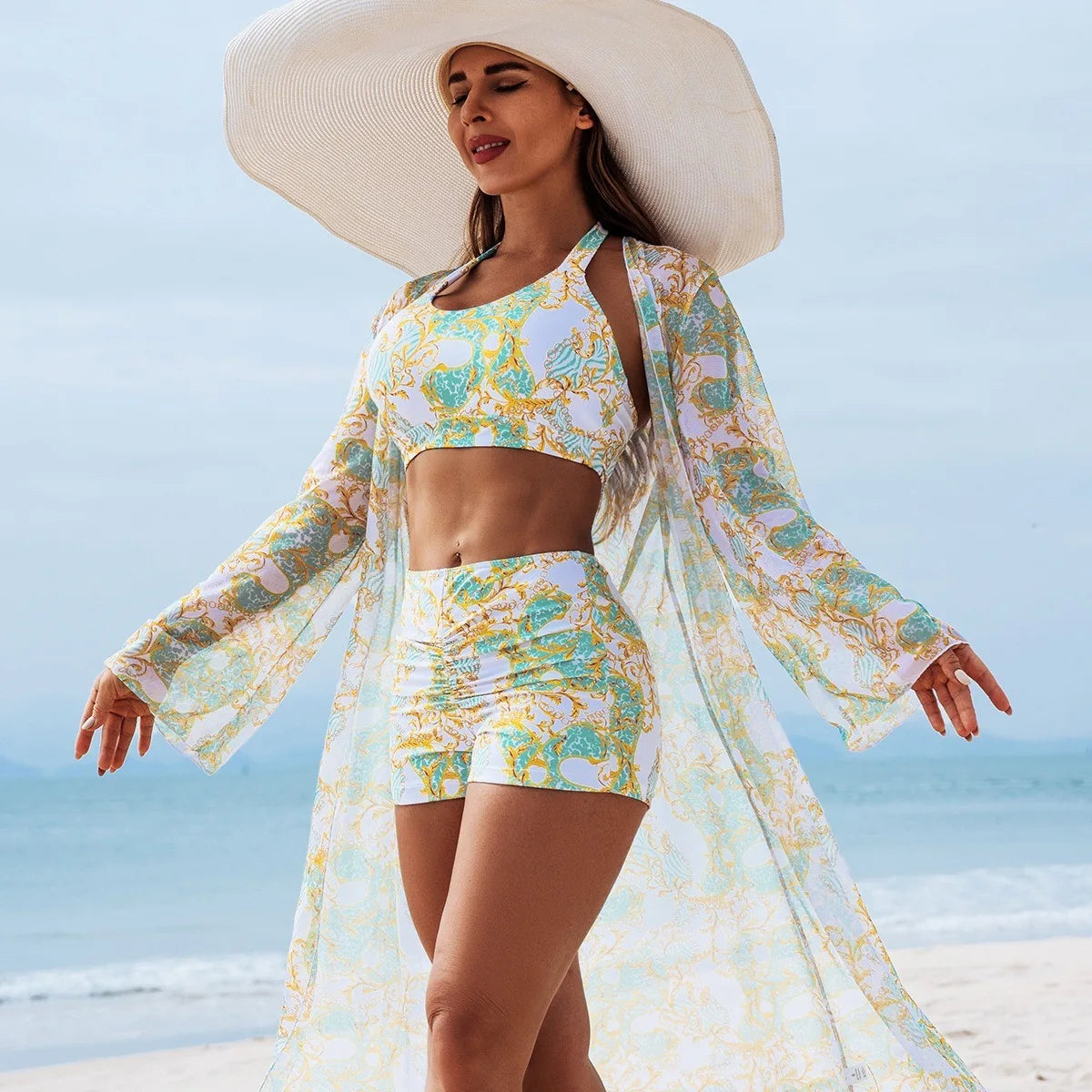 Women 3 Piece Floral Print Bikini Set with Kimono Cover Up High Waisted Push Up Swimsuit Sexy Beachwear Bathing Suit Swimwear