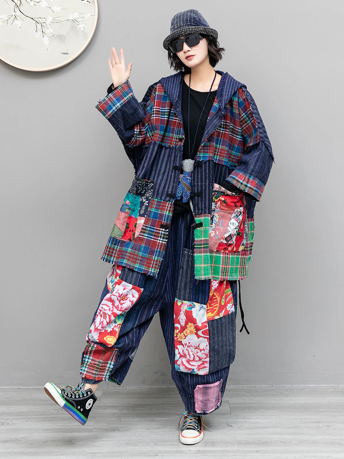 Set Niche Vintage-style Women Autumn Pant Set Cardigan Hooded Mid-length Coat + Loose Wide-leg Pants Two Piece Set LX6878
