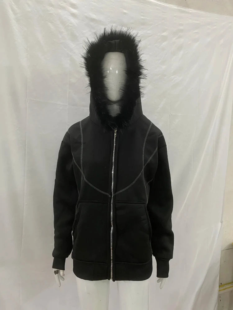Dark Gothic Solid Color Plush Hat Collar High Street Hip Hop Long Sleeve Hoodies 2000s Autumn Winter Warm Windproof Loose Coat