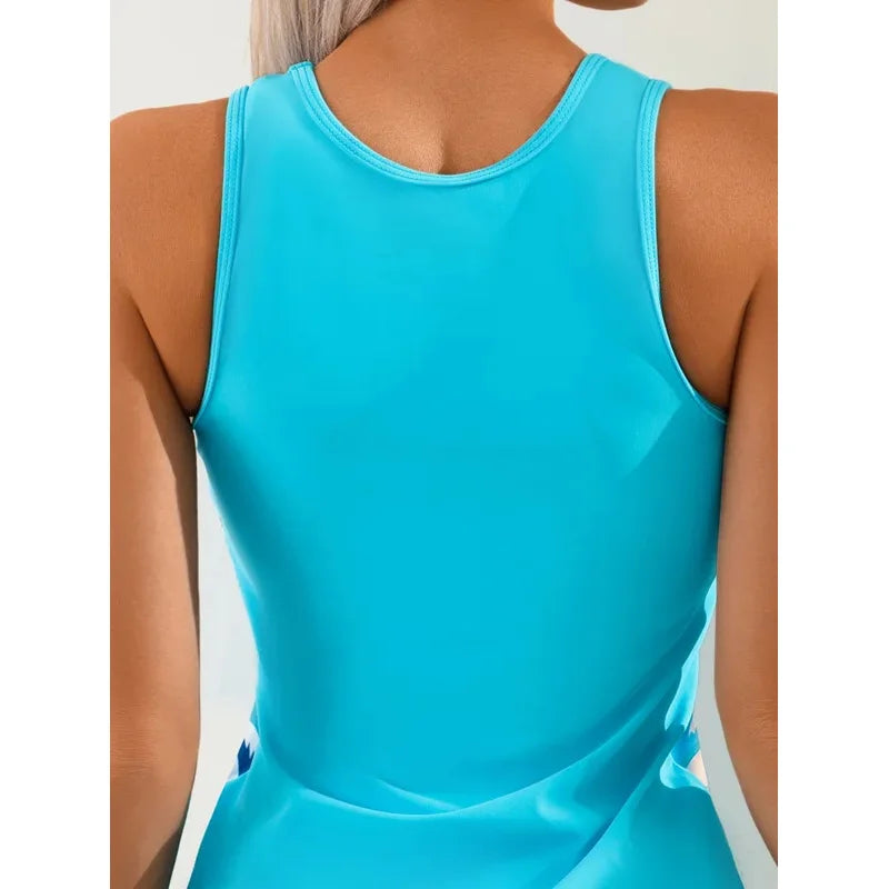 New 2026 Women's Blue Tankini Swimsuit Conservative High Waist Swim Shorts Floral Print Skirt Cover Up Modest Two-Piece Swimwear