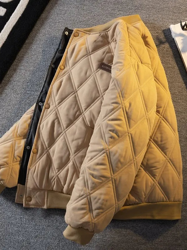 Coat Thickened Cotton Pilot Jacket Autumn Winter Style Unisex Diamond Grid Design Warmth Baseball Collar Short Length Coat