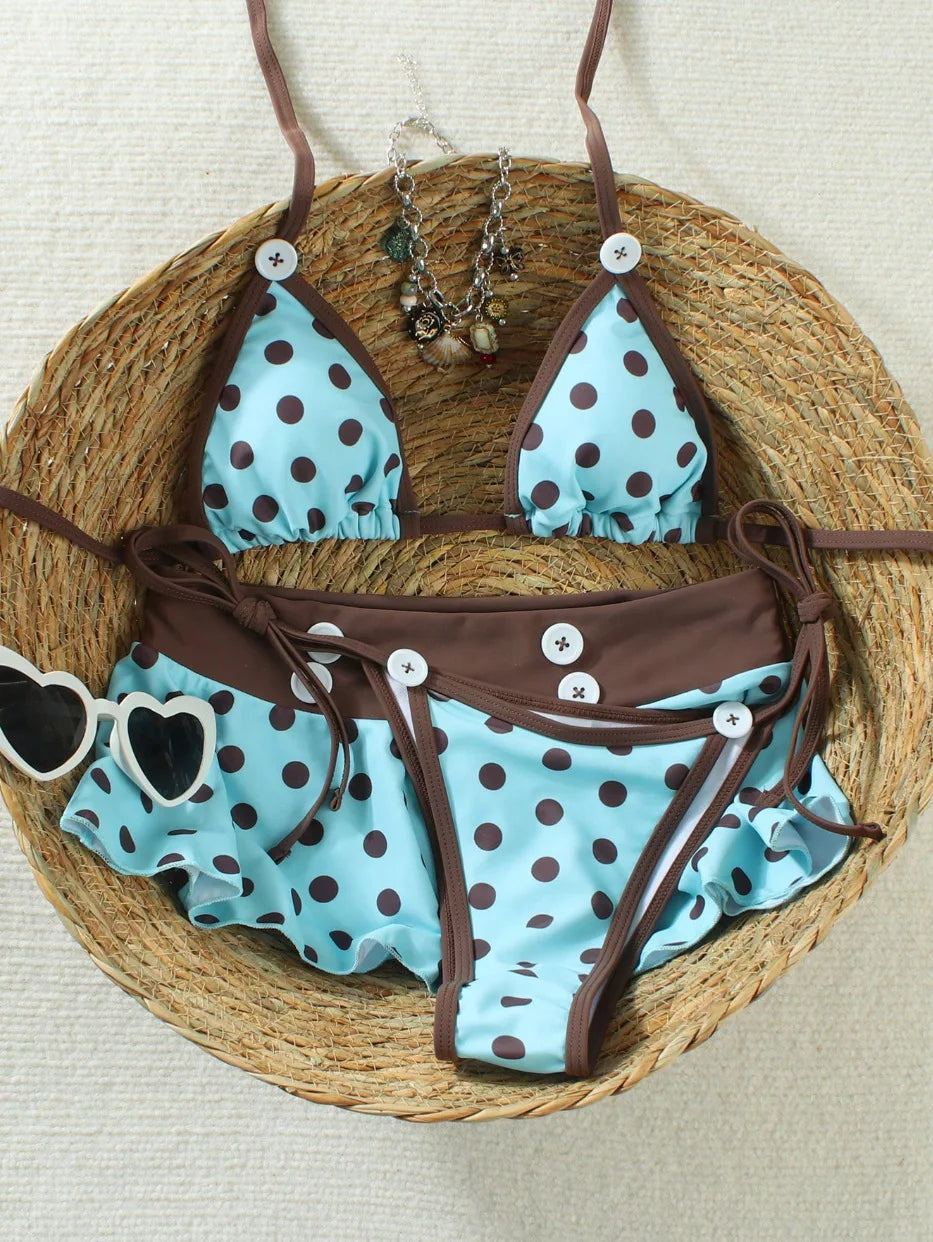 Summer Women's Beach Vacation Retro 3-Piece Bikini Set, Button Decoration Polka Dots with Two Sides Lace Swimming Skirt