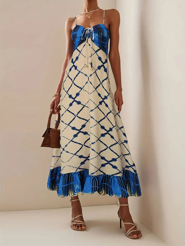 NewPrinted Casual Lacing Pleat Strapless Dress Boho Party Beach Dresses Summer Fashion Items Elegant Long Dress Feminine clothes