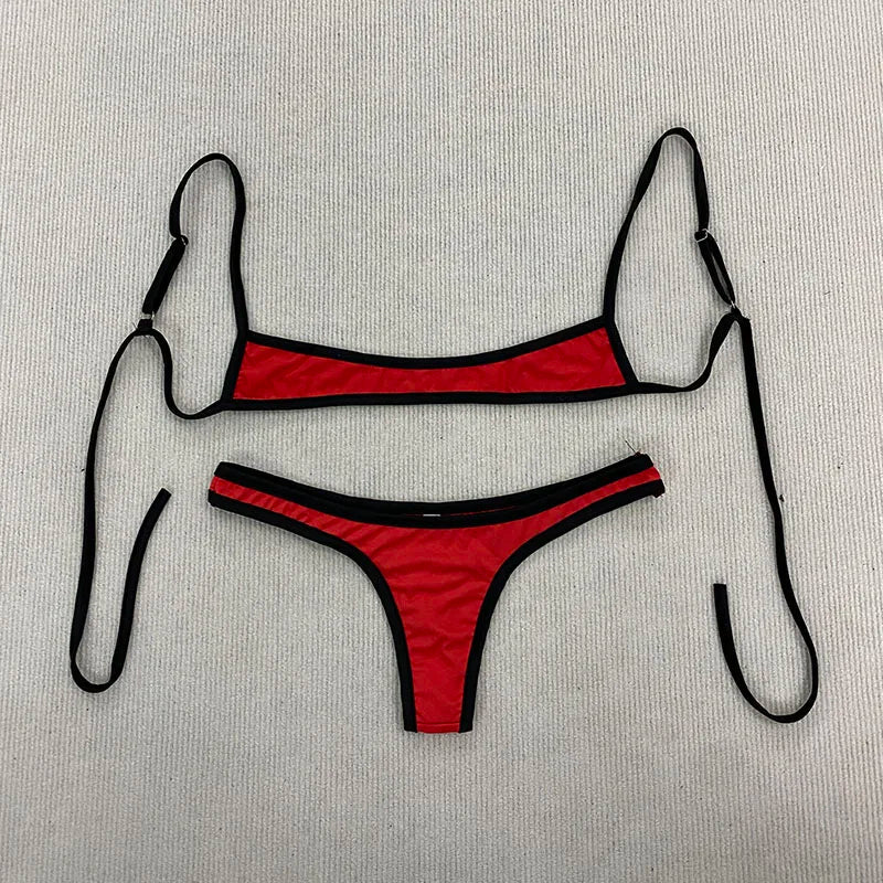 Aesthetic Sexy Spice Girl Beach Contrast Color Swimsuit Solid Shoulder Strap Adjustable Backless Simple Summer Split Bikini Y2K