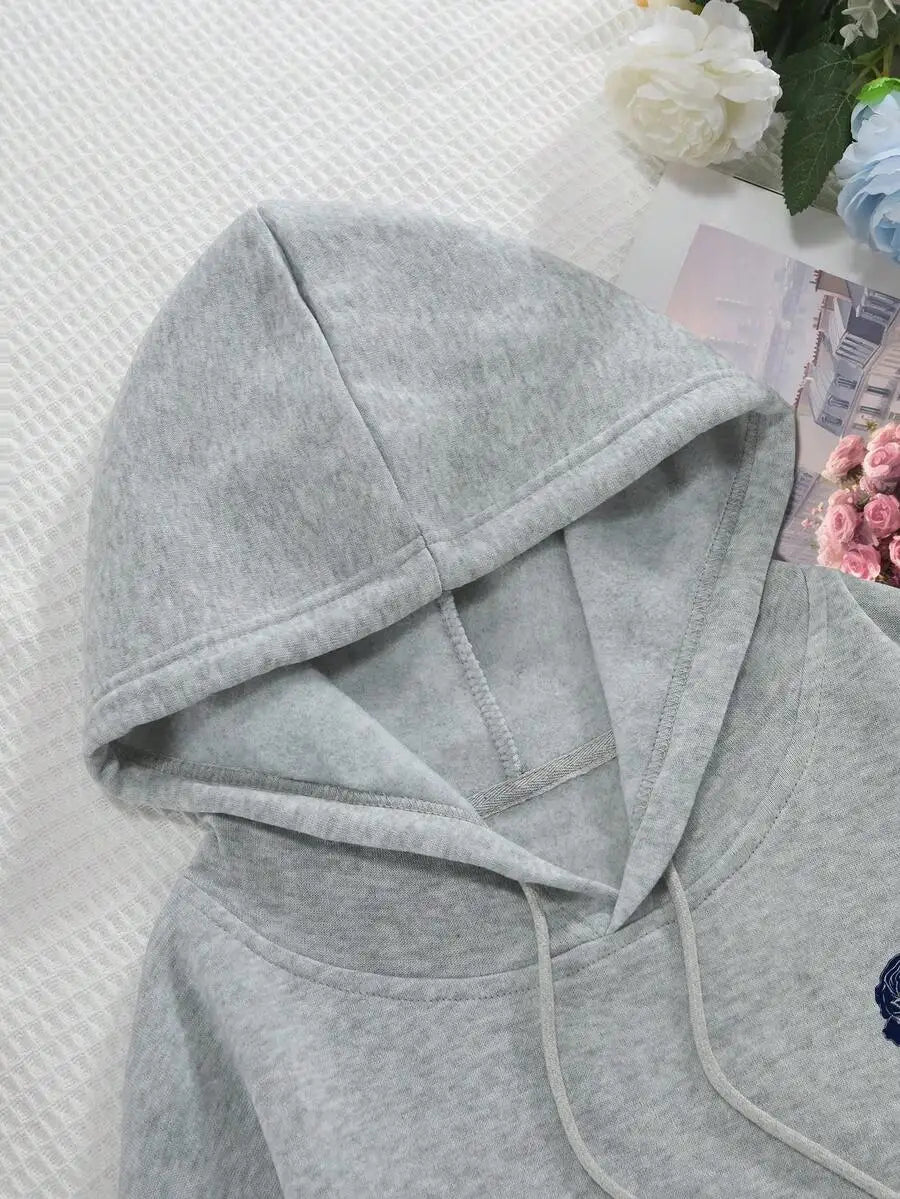 2026 Fashion New Arrival Womens Rose Slogan Graphic Print Drawstring Pocket Hoodie Autumn Winter Casual Streetwear Pullover Sweatshirt Basic Top T Shirt