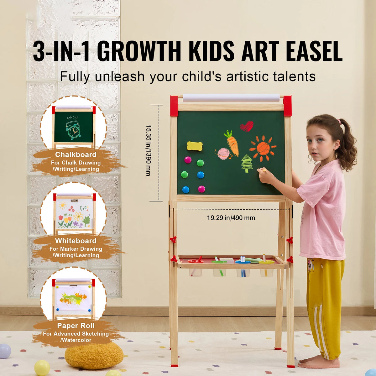 SucceBuy Children Magnetic Drawing Board Wooden Double-Sided Kid's Art Easel with Whiteboard Chalkboard for Girls Gifts Toys