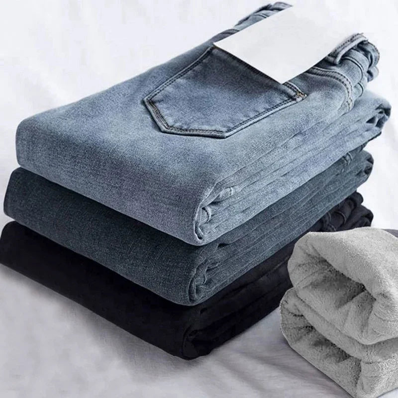 2026 Winter Girls High Waist Thermal Plush Jeans Lady Thin Snow Warm Fleece Denim Trousers Women Solid Straight Leg Pants