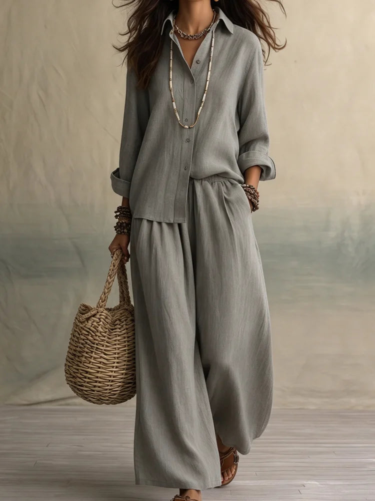 Women Co Ord Set Lapel Shirt Wide Leg Pants 2 Piece Outfit Solid Long Sleeve Button Down Matching Suit Casual for Vacation Daily