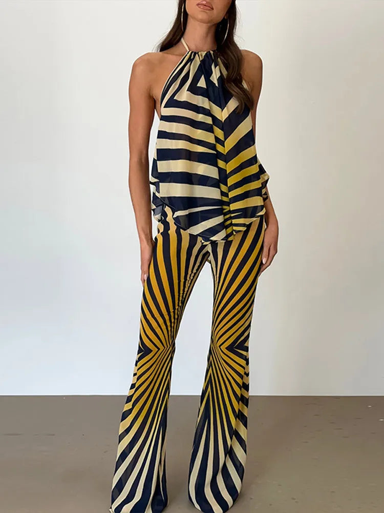 Sexy Striped 2 Piece Pants Sets Women Halter Sleeveless Backless Top Flared Pants Set 2026 Summer Vacation Beach Matching Outfit