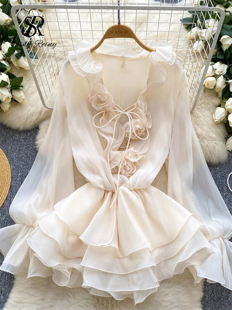 Dress Bohemian Floral SINGREINY 3D Floral Beach Short Dress Female Long Sleeves Lace Up Ruffle Chiffon Cake Sundress Sheer Sexy Vintage Bohemian Dress