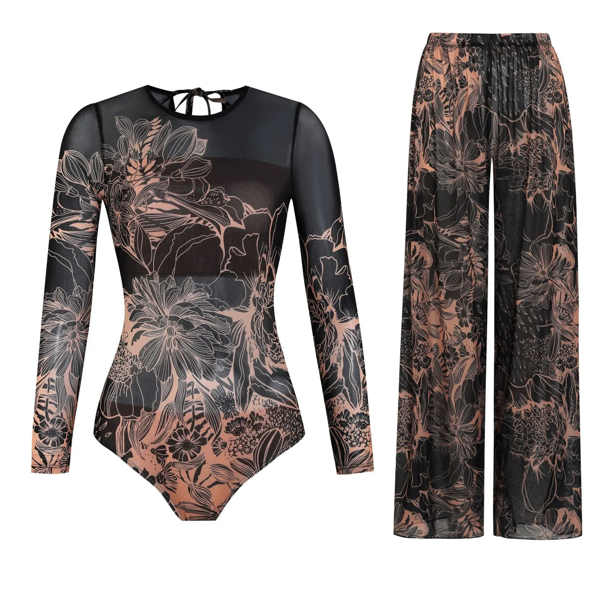 Women's Long Sleeve Swimwear Sunscreen One Piece Swimsuit High Elastic Thickened Mesh Loose Pants SPF35+ Fitness Beachwear