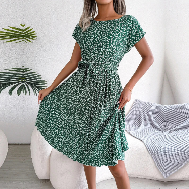 Floral Boho Midi Gaun Berlipat Floral Wanita Gaun Midi Perban Ruched Lengan Pendek Leher-o Kasual Musim Panas Gaun Boho Chic A Line Pantai Wanita