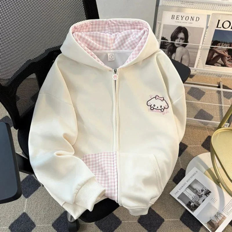 Zip Up Hoodie Coats Women's Clothing 2026 Hooded Patchwork Plaid Fashion Sweatshirts Ropa Mujer Dog Embroidery Casual Hoodies