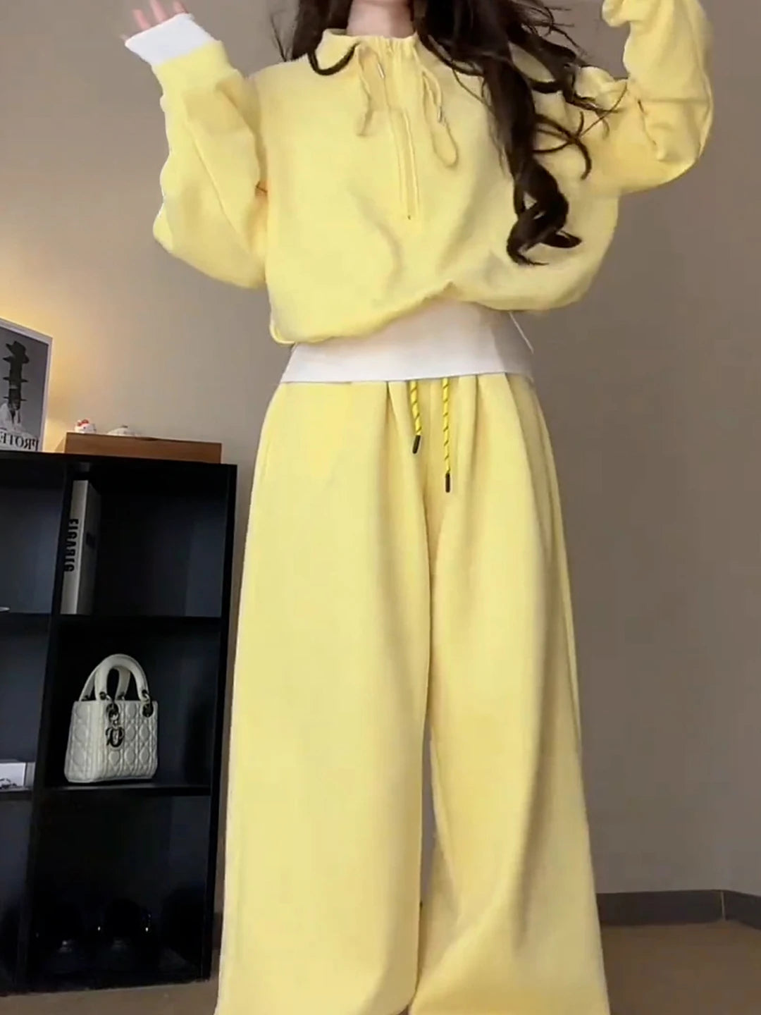 Korean Style Women's Fleece Lined Hoodie And Pants Set Casual Sporty High Collar Two Piece Suit for Autumn Winter Leisure
