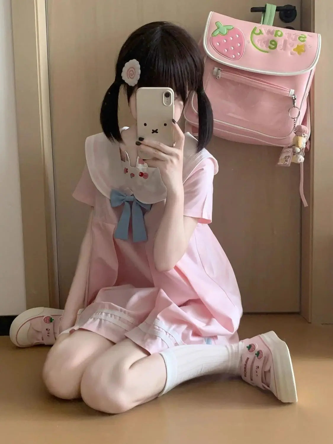 Dress Cute Y2K Japanese Soft Girl Little Rabbit Ear Design Navy Collar Pleated Skirt Slimming Dress Student Friendly Daily Wear