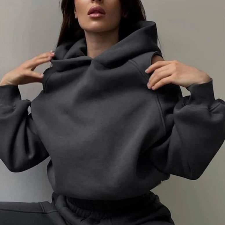 Women's 2026 European American Style Two-Piece Set Solid Color Hooded Short Hoodie Leg Binding Pants Casual Outfit