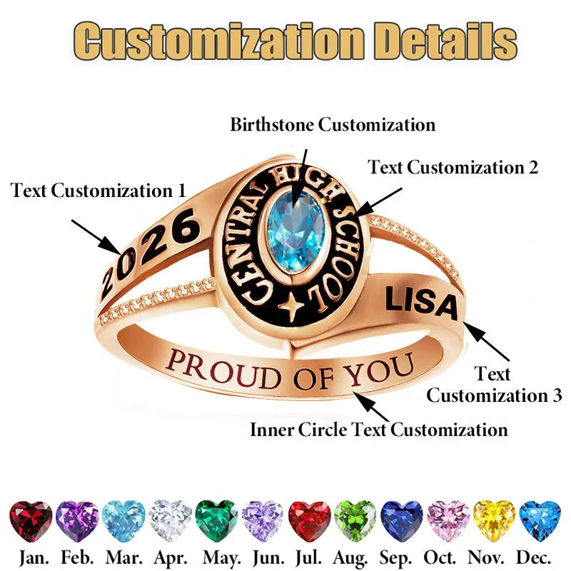 Customized graduation commemorative ring. Personalized with your name. Fashionable ring gift.