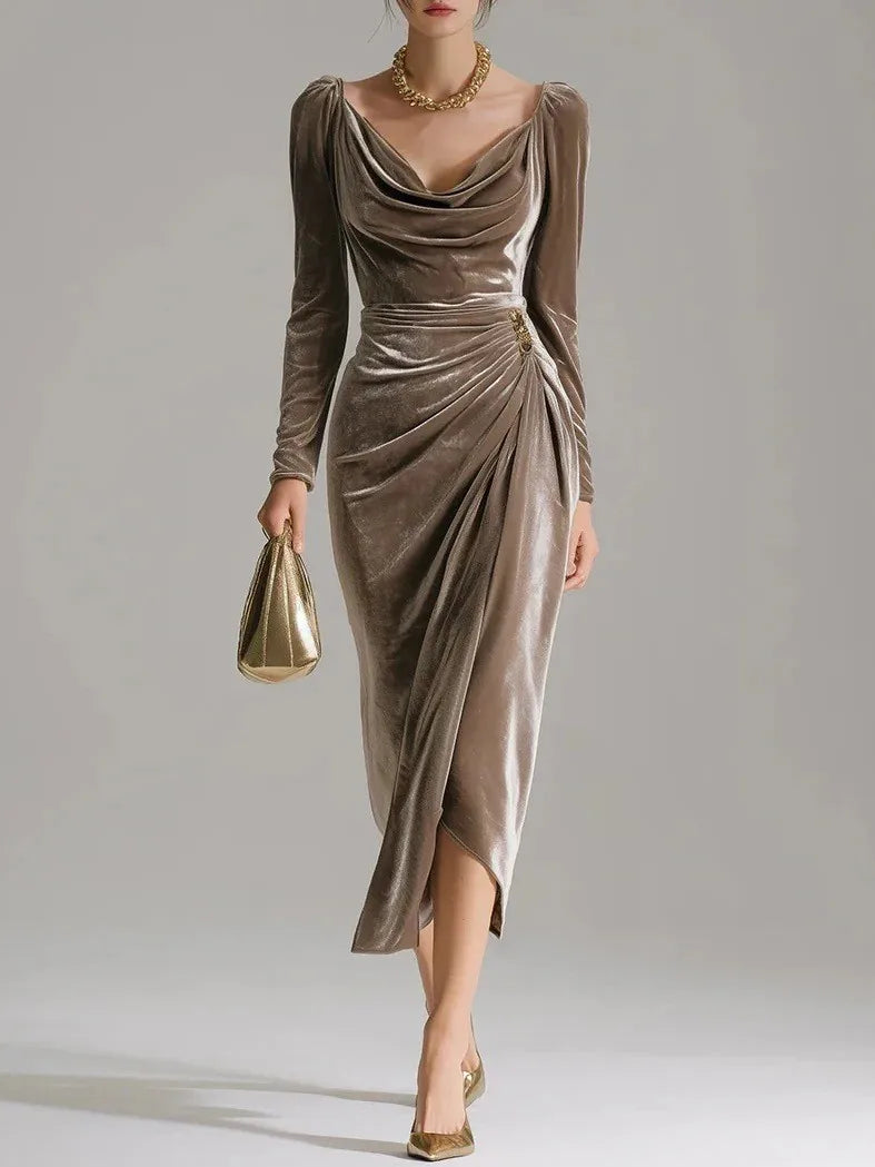 2025 European and American Women's Casual Gold Velvet Sexy Long-Sleeve Slim Pleated Long Split Bodycon Dress