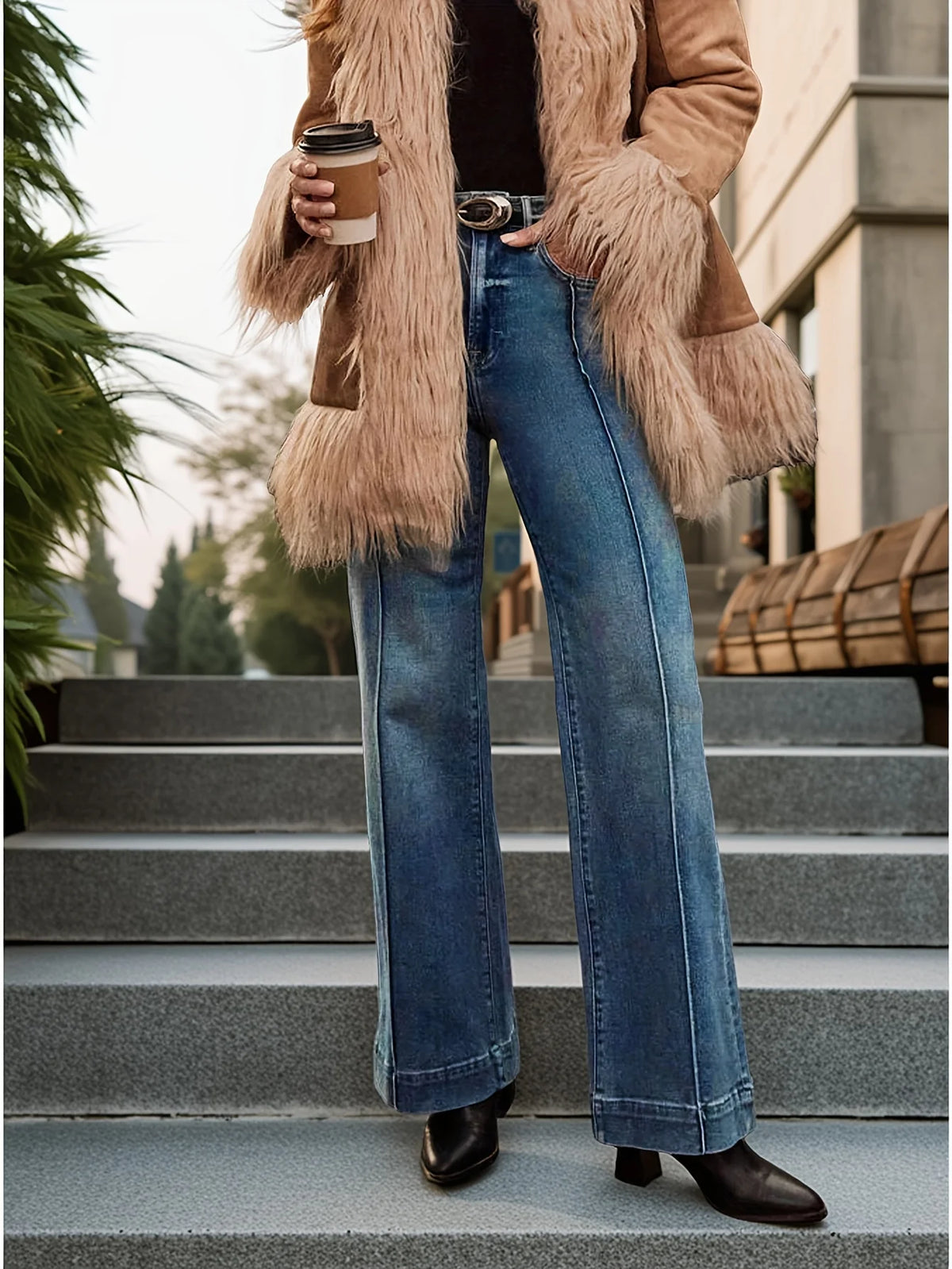 Autumn dark blue high waist wide leg women's jeans stretch denim fabric button placket autumn fashion all-match women's jeans