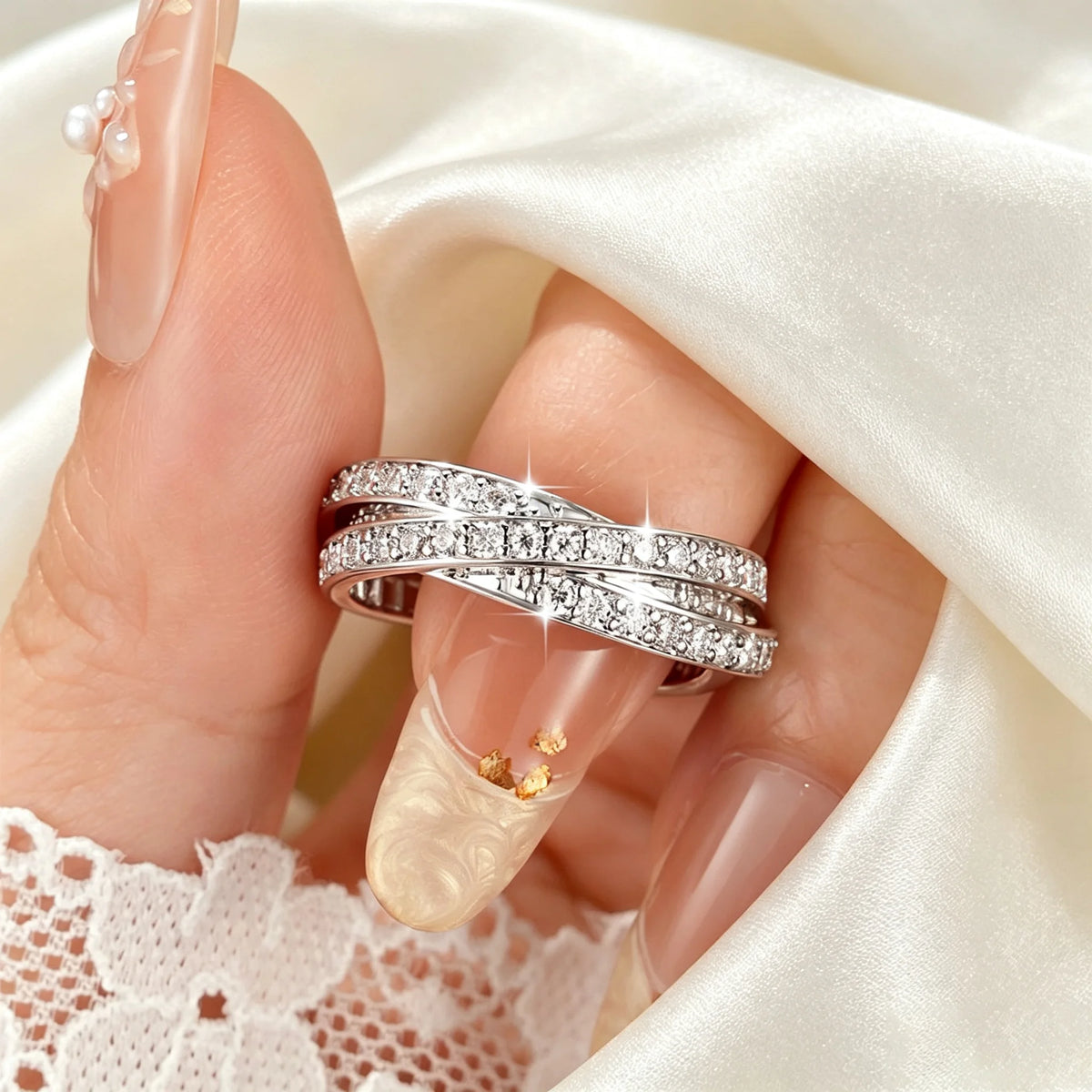 Rings Women Moissanite Abestecom 14K White Gold Plated Women Rings D Color Moissanite Intertwined Three Band Stackable Ring Wedding Eternity Jewelry
