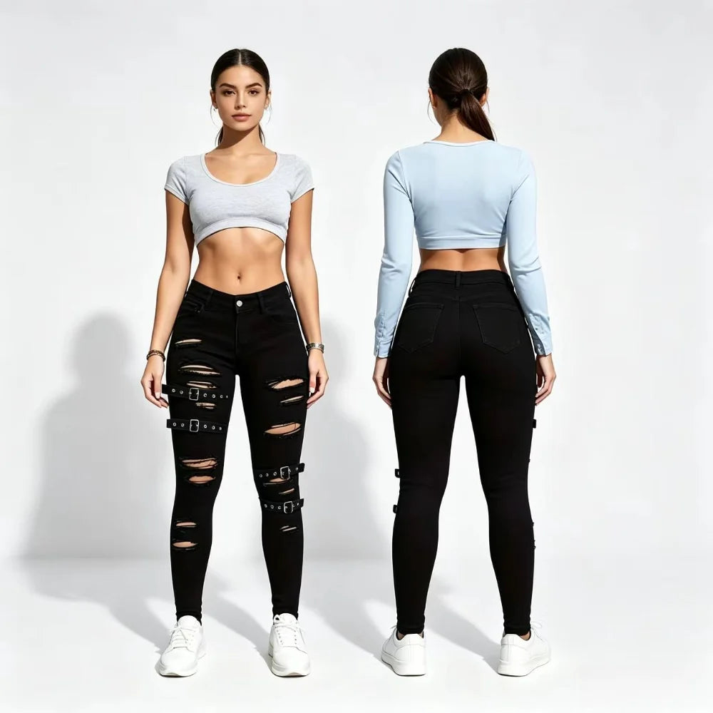 Black Ripped Strap Jeans Female, Punk Functional Wind High Waist Elastic Slim Small Feet Spice Girls Leggings