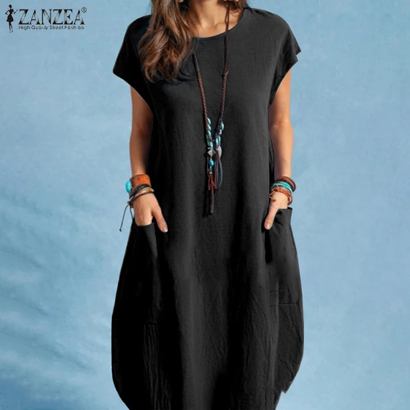 ZANZEA Summer Casual Cotton Dress for Woman O-Neck Short Cap Sleeve Loose Cotton Knee-Length Dress Vacation Day Wear Robes Femme