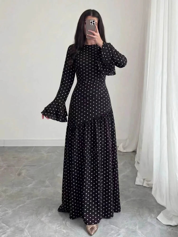 Women's Black & White Polka Dot Midi Dress, Round Neck, Bell Sleeves, Long Sleeves, Waist Tie, Ruffle Hem, Back Cutout, Casual E