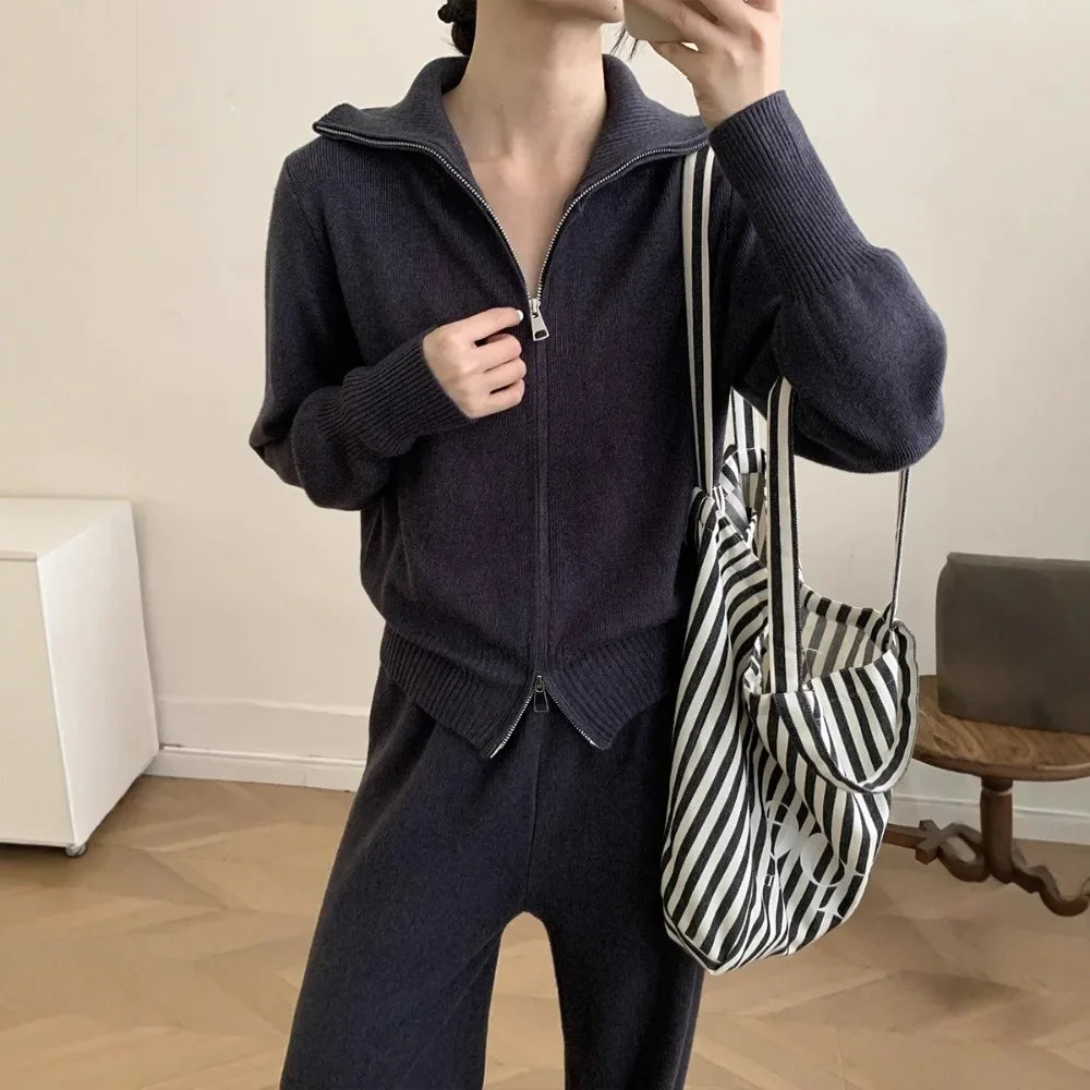 Women Lazy Style Knit Two Piece Set Autumn Winter Open Cardigan Sweater Casual Matching Outfit Ladies Cozy