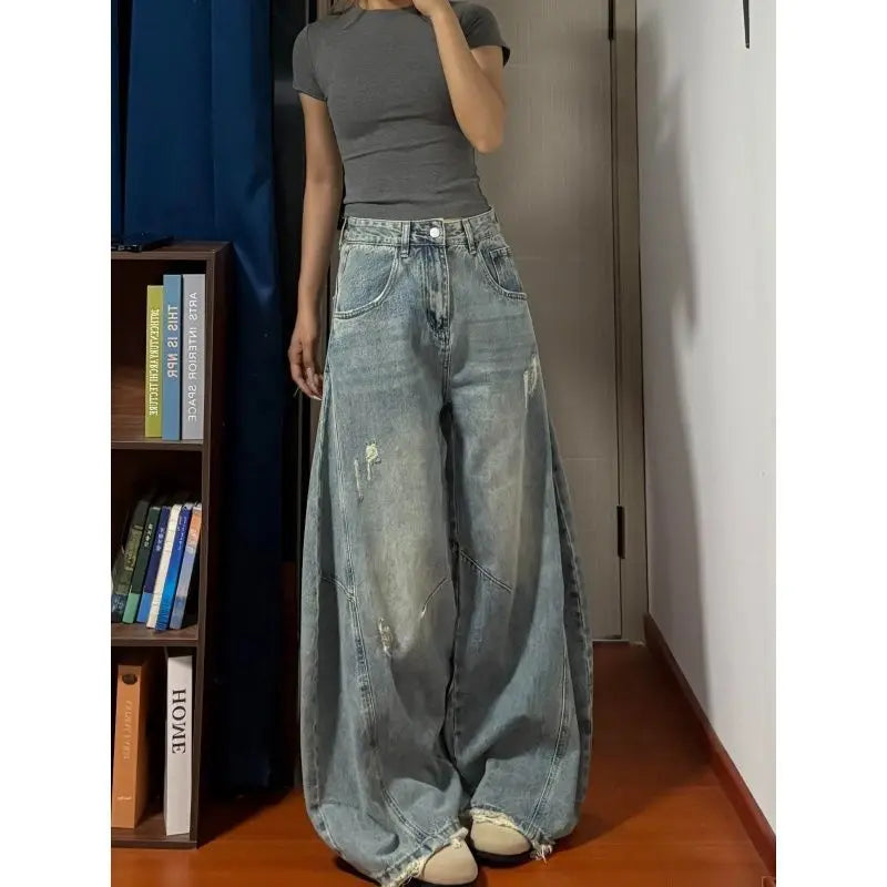 2026 Distressed Wide Leg Denim Jeans Women's High Waist Straight Cut Comfortable Casual Stylish Torn Hole Design