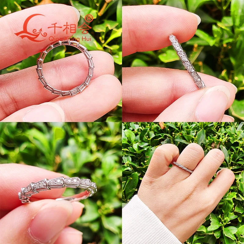 Snake shape 2mm width Sterling 925 Silver melee Moissanite Ring women Diamonds Male fine Jewelry gift wedding dating